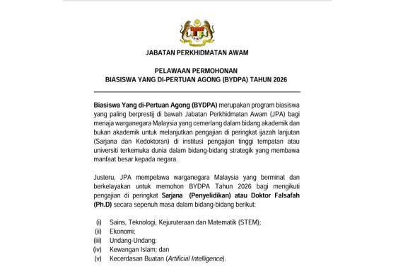 Hebahan Pelawaan Pencalonan Untuk Mengikuti Program Biasiswa Yang Di-Pertuan Agong (BYDPA)