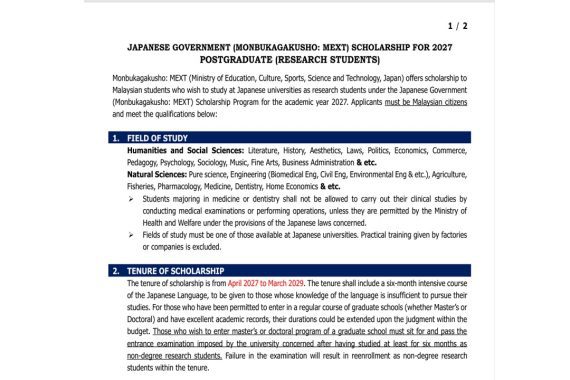 PERMOHONAN BIASISWA KERAJAAN JEPUN 2027