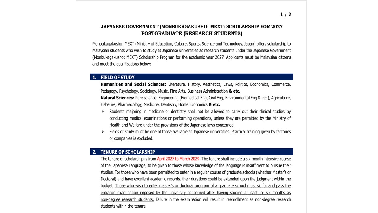 PERMOHONAN BIASISWA KERAJAAN JEPUN 2027
